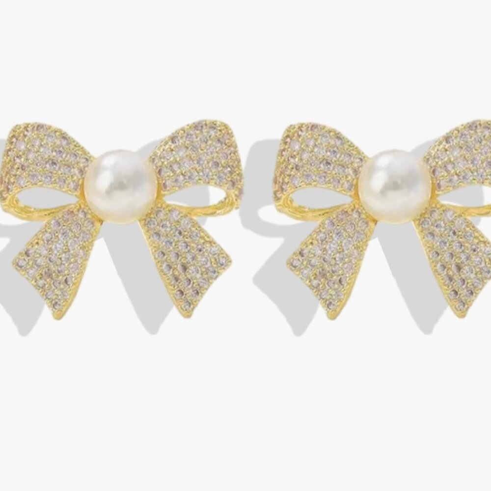 NEW! Rhinestone Bow Pearl Earrings